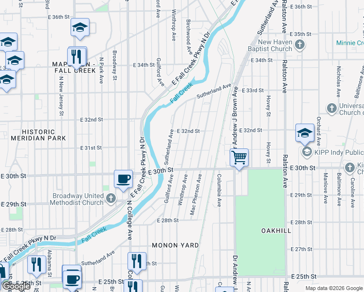 map of restaurants, bars, coffee shops, grocery stores, and more near 3028 Guilford Avenue in Indianapolis