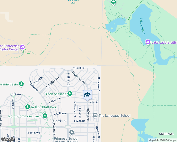 map of restaurants, bars, coffee shops, grocery stores, and more near 10000 East 64th Avenue in Denver
