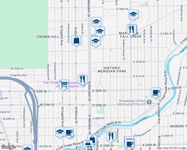 map of restaurants, bars, coffee shops, grocery stores, and more near 3101 North Meridian Street in Indianapolis