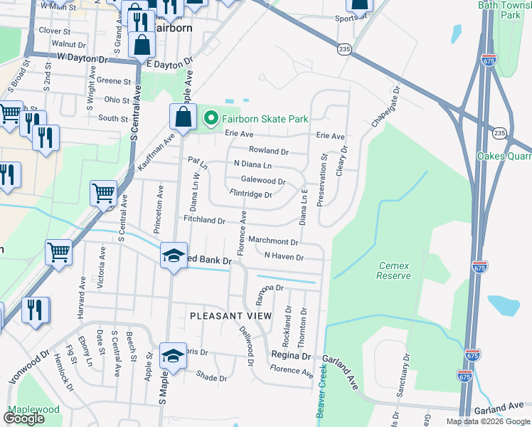 map of restaurants, bars, coffee shops, grocery stores, and more near 829 Flintridge Drive in Fairborn