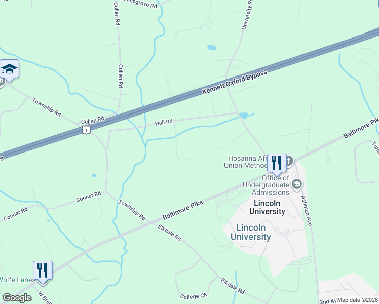 map of restaurants, bars, coffee shops, grocery stores, and more near 135 Irwin Drive in Lincoln University
