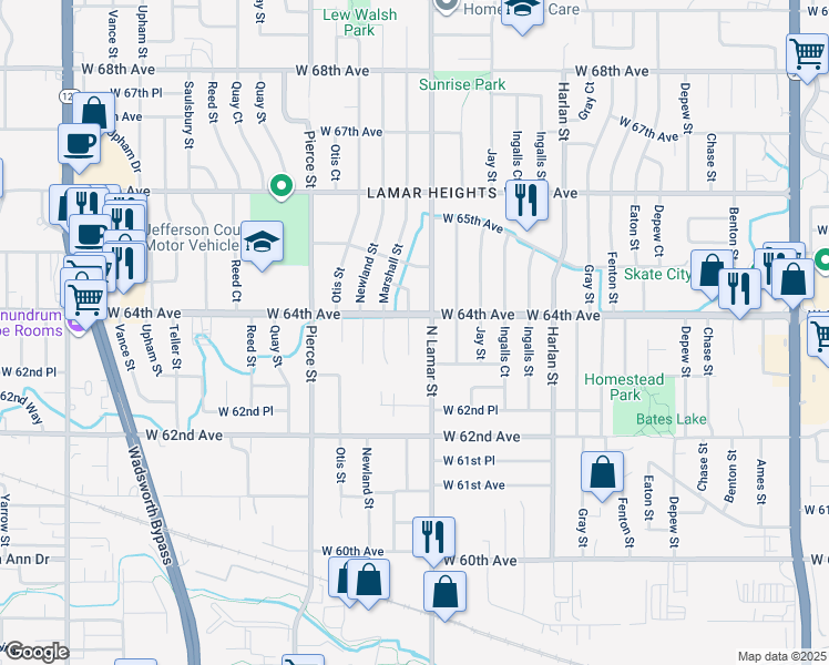 map of restaurants, bars, coffee shops, grocery stores, and more near 6407 North Lamar Street in Arvada