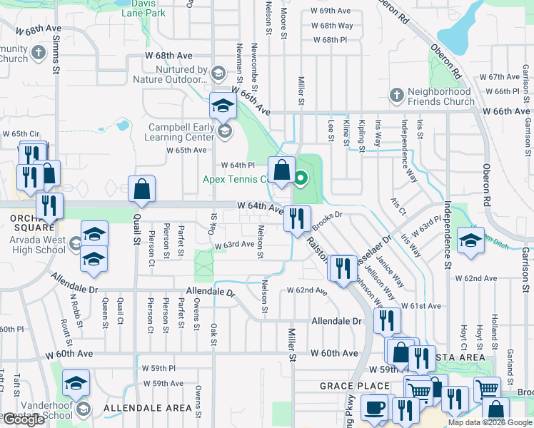 map of restaurants, bars, coffee shops, grocery stores, and more near 10440-10570 West 64th Avenue in Arvada