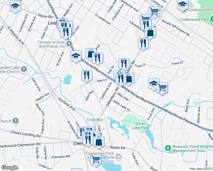 map of restaurants, bars, coffee shops, grocery stores, and more near 6 White Horse Pike in Clementon
