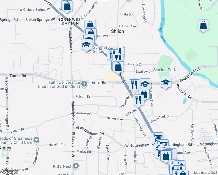 map of restaurants, bars, coffee shops, grocery stores, and more near 4901 North Main Street in Dayton