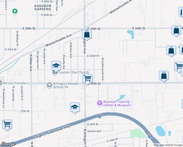map of restaurants, bars, coffee shops, grocery stores, and more near 3103 North Arlington Avenue in Indianapolis
