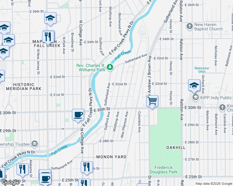 map of restaurants, bars, coffee shops, grocery stores, and more near 3137 Sutherland Avenue in Indianapolis