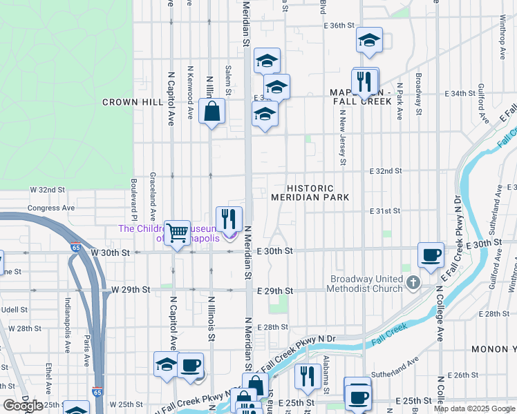 map of restaurants, bars, coffee shops, grocery stores, and more near 3128 North Pennsylvania Street in Indianapolis
