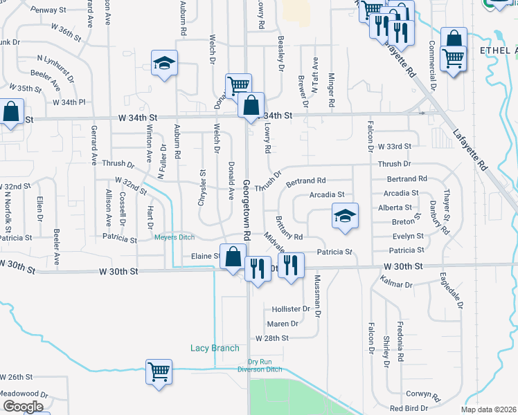 map of restaurants, bars, coffee shops, grocery stores, and more near 3161 Georgetown Road in Indianapolis