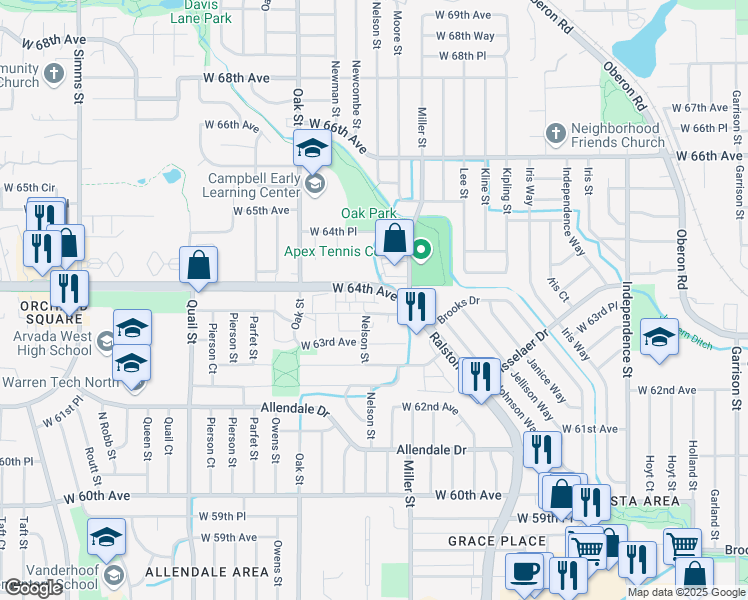 map of restaurants, bars, coffee shops, grocery stores, and more near 10440-10570 West 64th Avenue in Arvada