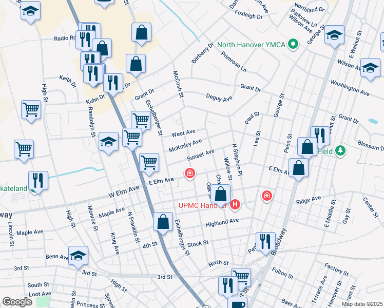 map of restaurants, bars, coffee shops, grocery stores, and more near 200 Sunset Avenue in Hanover