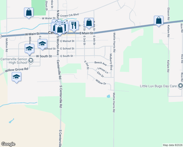 map of restaurants, bars, coffee shops, grocery stores, and more near 408 Elm Drive in Centerville