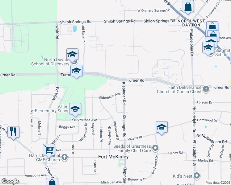 map of restaurants, bars, coffee shops, grocery stores, and more near 3635 Elderberry Avenue in Dayton