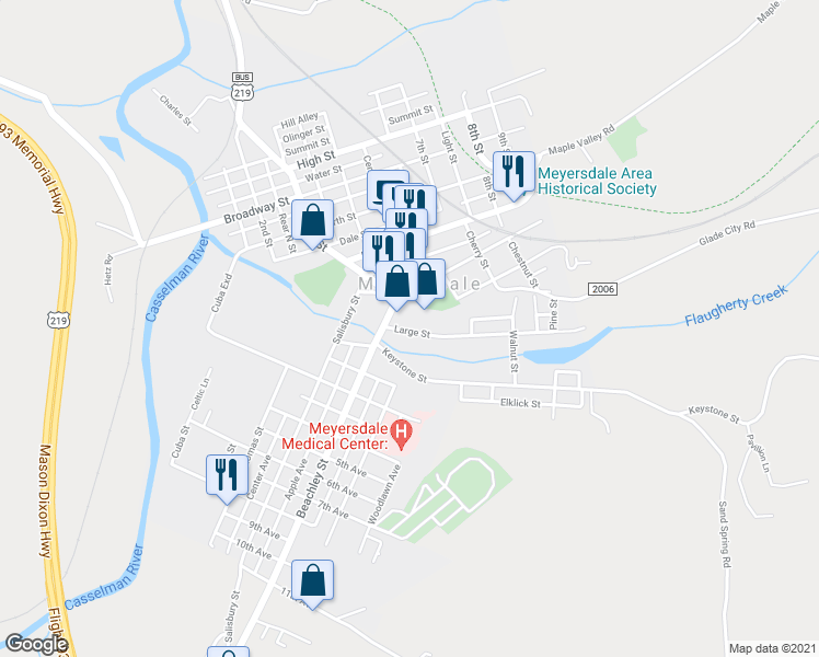 map of restaurants, bars, coffee shops, grocery stores, and more near 121 Large Street in Meyersdale