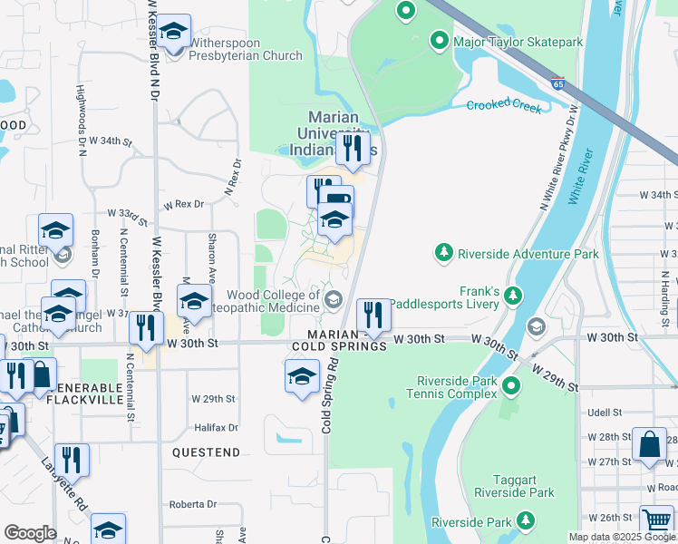 map of restaurants, bars, coffee shops, grocery stores, and more near 3200 Cold Spring Road in Indianapolis
