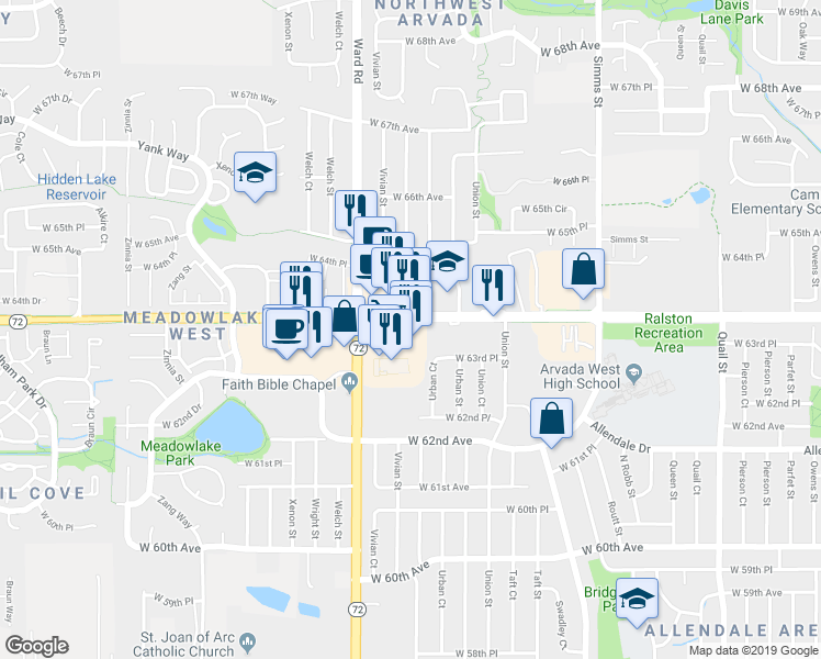 map of restaurants, bars, coffee shops, grocery stores, and more near 12345 West 64th Avenue in Arvada