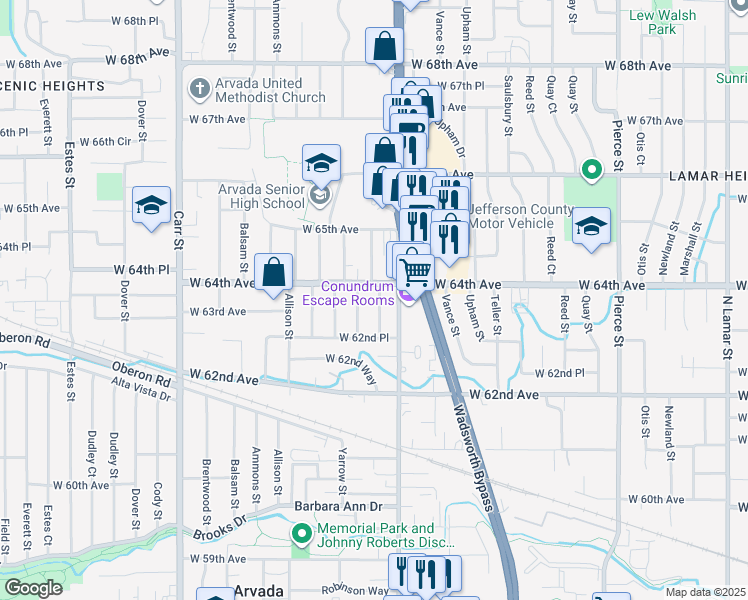 map of restaurants, bars, coffee shops, grocery stores, and more near 7695 West 64th Avenue in Arvada