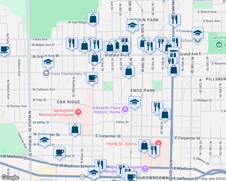 map of restaurants, bars, coffee shops, grocery stores, and more near 999 N 3rd St in Springfield