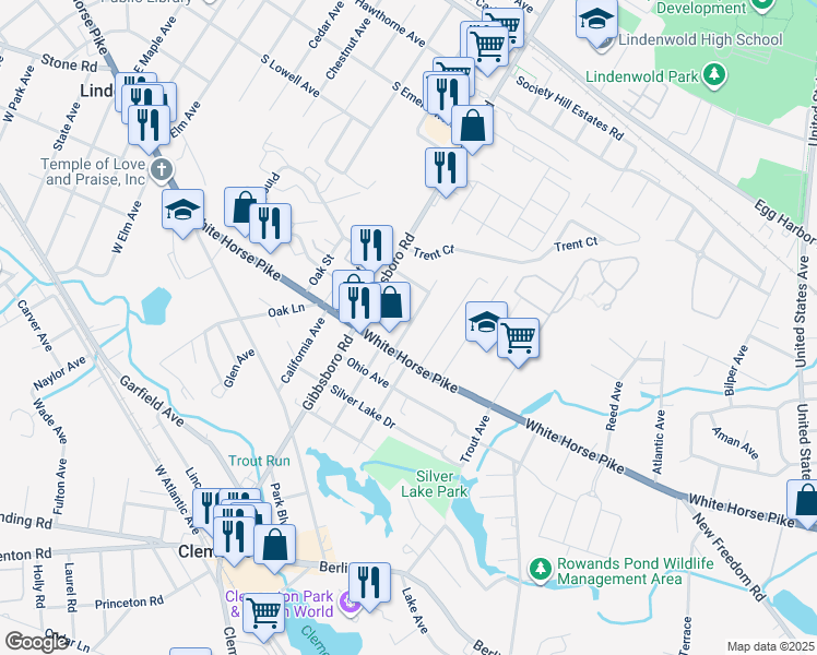 map of restaurants, bars, coffee shops, grocery stores, and more near 27 Franklin Avenue in Clementon