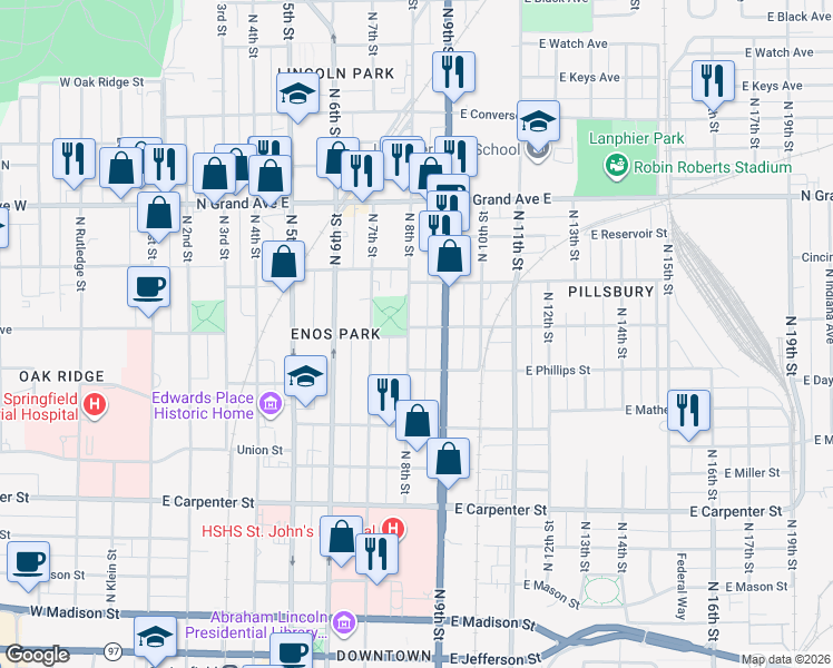 map of restaurants, bars, coffee shops, grocery stores, and more near 1006 North 8th Street in Springfield