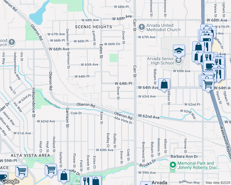 map of restaurants, bars, coffee shops, grocery stores, and more near 6364 Dover Street in Arvada