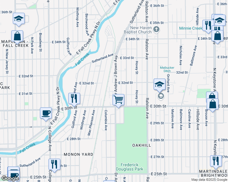 map of restaurants, bars, coffee shops, grocery stores, and more near 3132 Doctor Andrew J Brown Avenue in Indianapolis