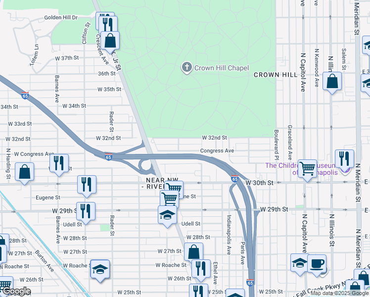 map of restaurants, bars, coffee shops, grocery stores, and more near 651 West 32nd Street in Indianapolis