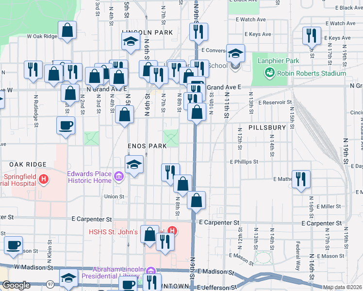 map of restaurants, bars, coffee shops, grocery stores, and more near 1006 North 8th Street in Springfield