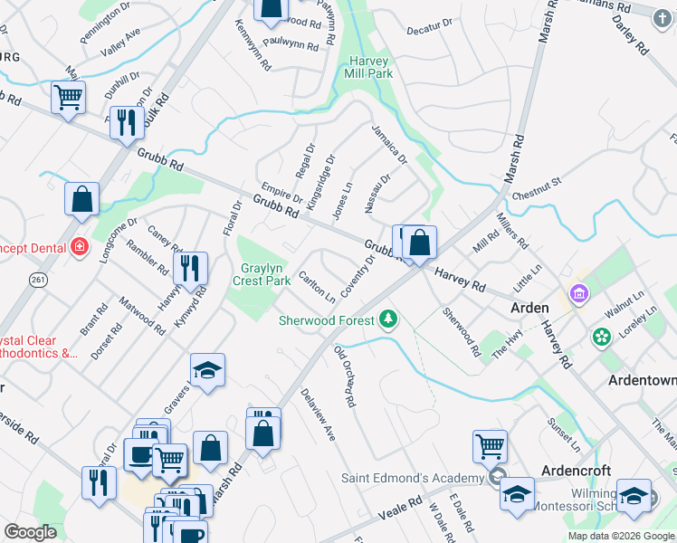 map of restaurants, bars, coffee shops, grocery stores, and more near 2108 Westminster Drive in Wilmington