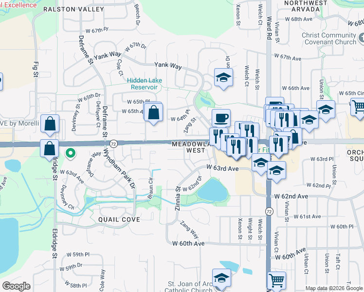 map of restaurants, bars, coffee shops, grocery stores, and more near 6406 Zang Court in Arvada