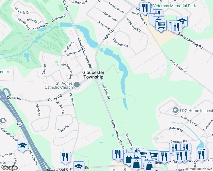 map of restaurants, bars, coffee shops, grocery stores, and more near 35 Tall Oaks Drive in Laurel Springs