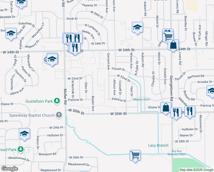 map of restaurants, bars, coffee shops, grocery stores, and more near 3146 Gerrard Avenue in Indianapolis