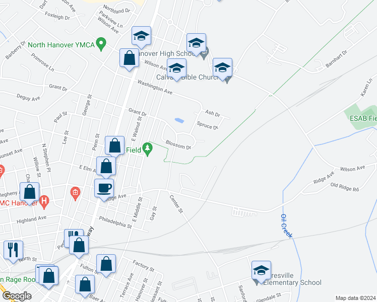 map of restaurants, bars, coffee shops, grocery stores, and more near 825 Blossom Drive in Hanover