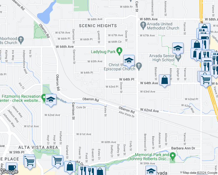 map of restaurants, bars, coffee shops, grocery stores, and more near 8702 West 63rd Place in Arvada