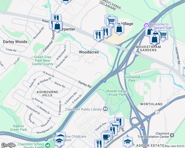 map of restaurants, bars, coffee shops, grocery stores, and more near 500 Darley Road in Claymont