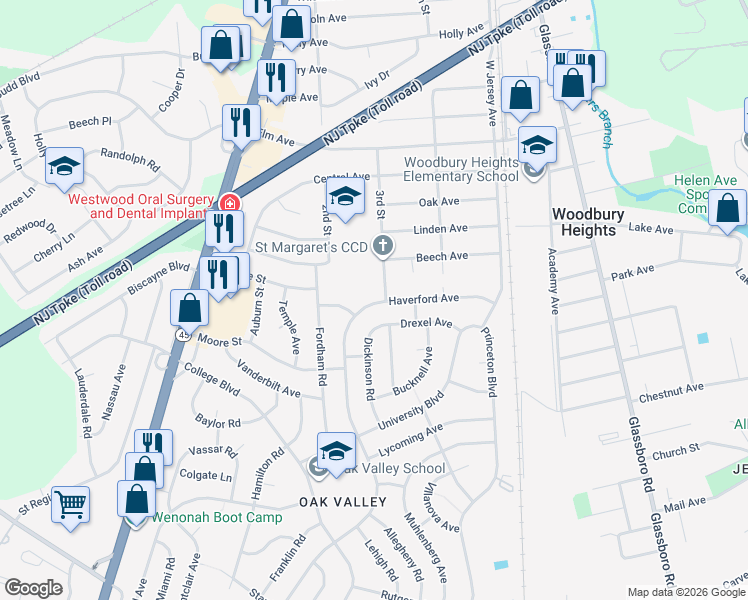 map of restaurants, bars, coffee shops, grocery stores, and more near 334 Beech Avenue in Woodbury Heights
