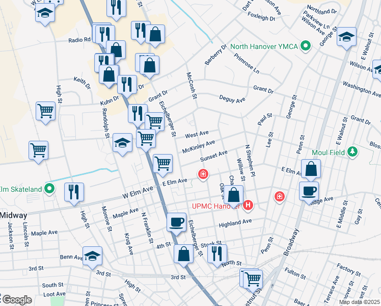 map of restaurants, bars, coffee shops, grocery stores, and more near 117 McKinley Avenue in Hanover
