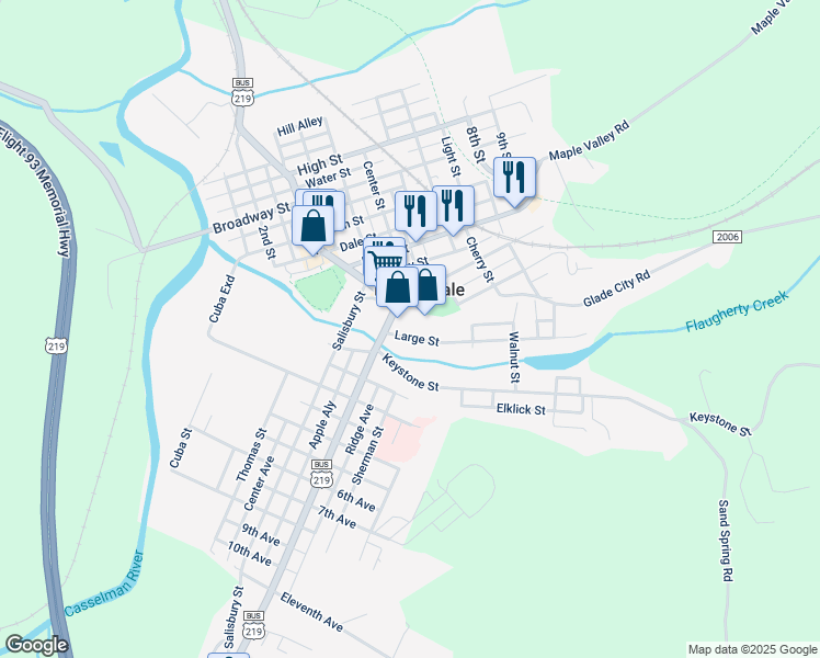 map of restaurants, bars, coffee shops, grocery stores, and more near 121 Large Street in Meyersdale
