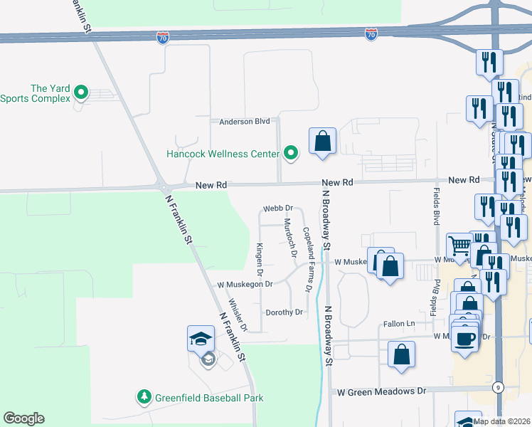 map of restaurants, bars, coffee shops, grocery stores, and more near 958 Webb Drive in Greenfield