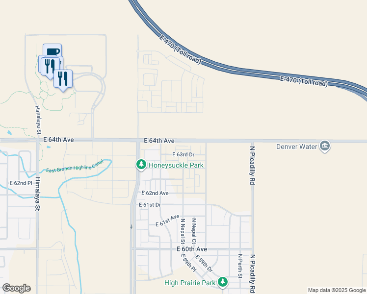 map of restaurants, bars, coffee shops, grocery stores, and more near East 64th Avenue in Aurora