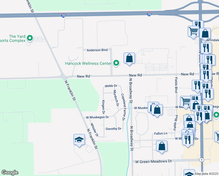 map of restaurants, bars, coffee shops, grocery stores, and more near 931 Webb Drive in Greenfield
