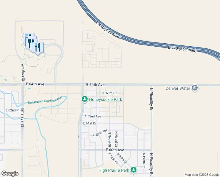 map of restaurants, bars, coffee shops, grocery stores, and more near East 64th Avenue in Aurora