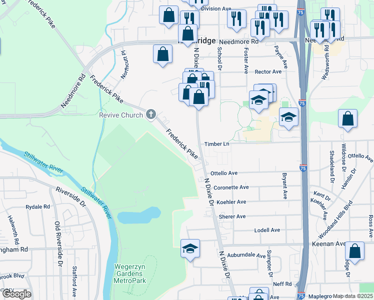 map of restaurants, bars, coffee shops, grocery stores, and more near 4570 Frederick Pike in Dayton