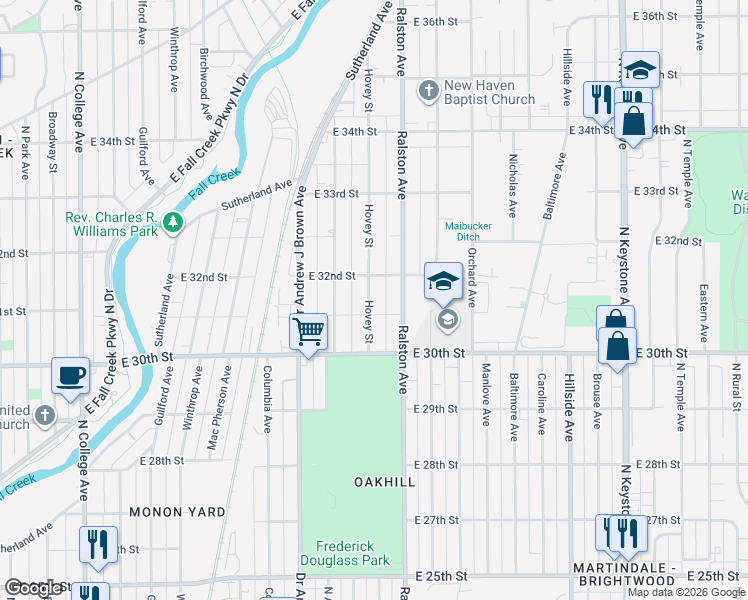 map of restaurants, bars, coffee shops, grocery stores, and more near 3136 Hovey Street in Indianapolis