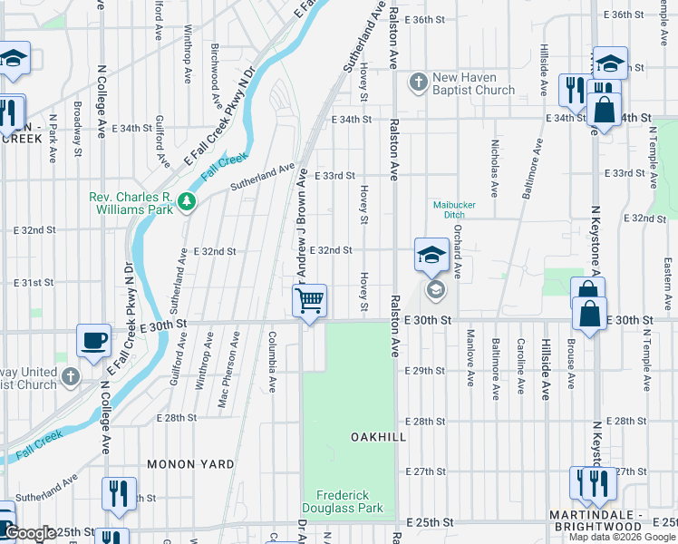 map of restaurants, bars, coffee shops, grocery stores, and more near 3134 North Arsenal Avenue in Indianapolis