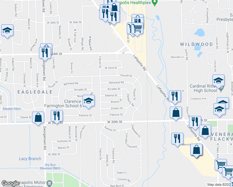 map of restaurants, bars, coffee shops, grocery stores, and more near 4048 Arcadia Street in Indianapolis