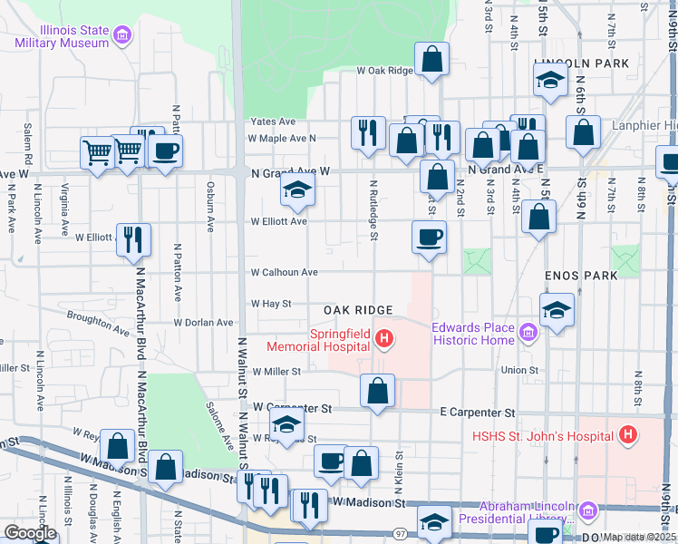map of restaurants, bars, coffee shops, grocery stores, and more near 409 West Calhoun Avenue in Springfield