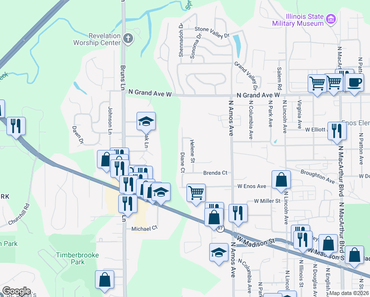 map of restaurants, bars, coffee shops, grocery stores, and more near 800-898 Diane Ct in Springfield