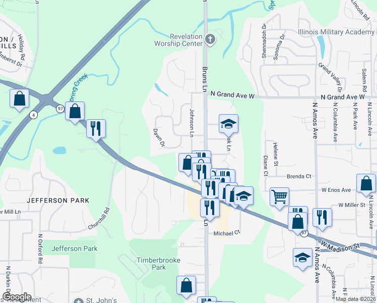 map of restaurants, bars, coffee shops, grocery stores, and more near 912 Johnson Lane in Springfield