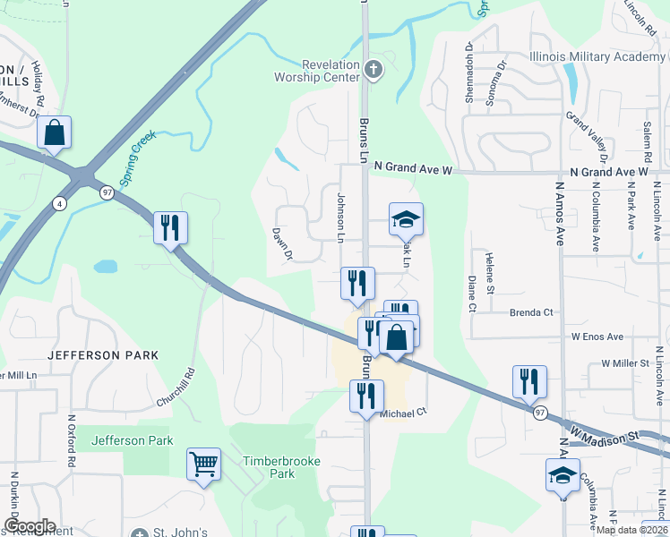 map of restaurants, bars, coffee shops, grocery stores, and more near 912 Johnson Lane in Springfield